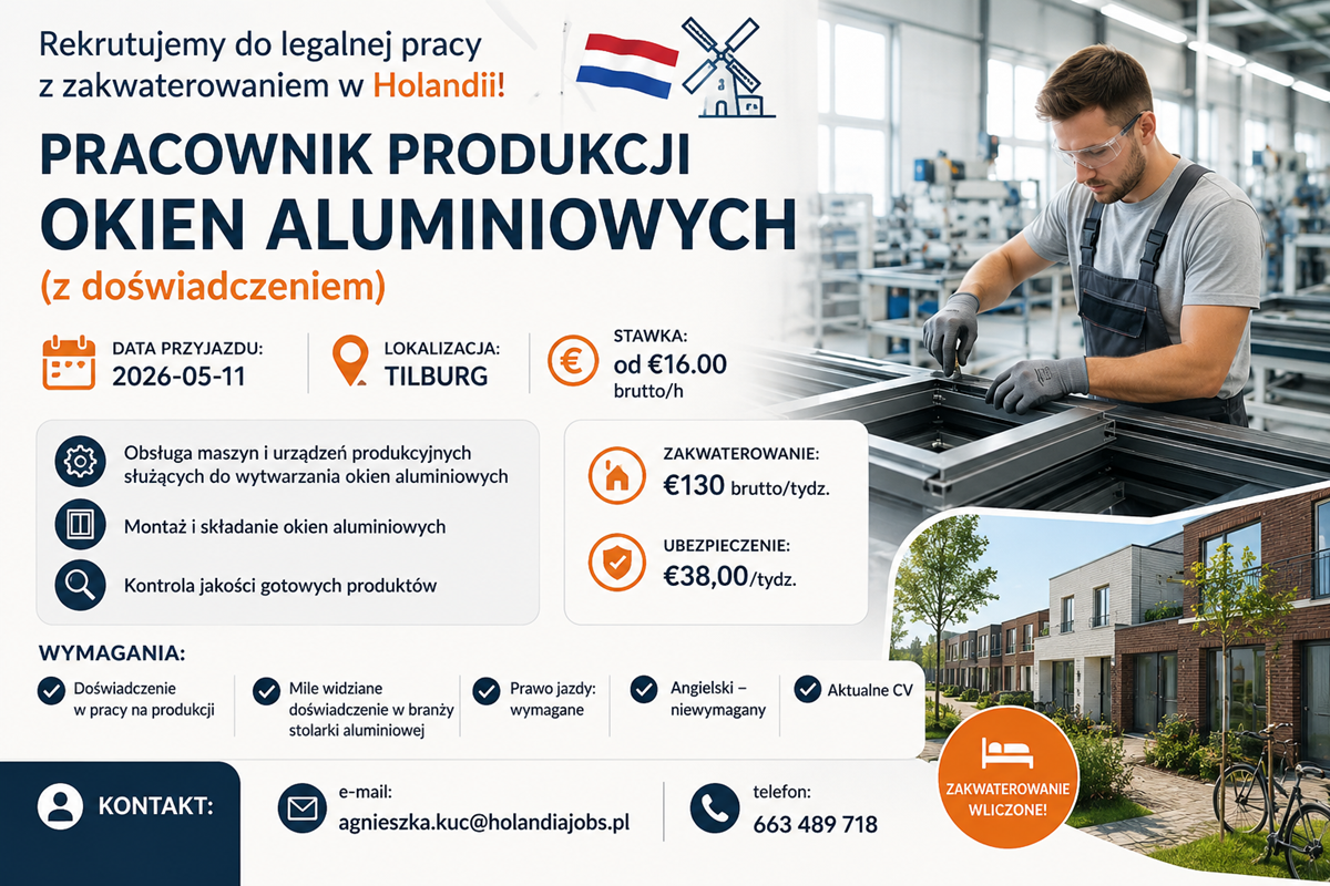 Praca od zaraz w Holandii z zamieszkaniem